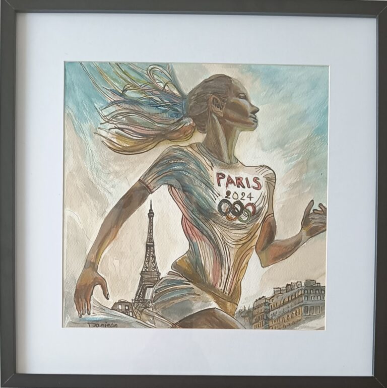 "Courir Paris 2024" - Aquarelle & encre - 40 x 40 cm par Gerard Danjean artiste peintre - Mon Autre Monde Exposition "L'esprit olympique" Arnay le Duc