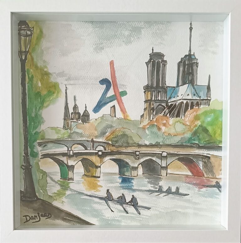 "Aviron Paris 2024" - Aquarelle & encre - 30 x 30 cm par Gerard Danjean artiste peintre - Mon Autre Monde